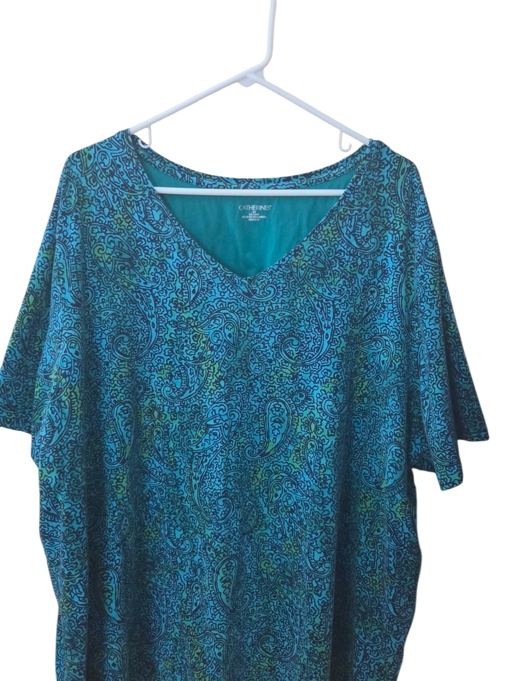 Catherines Teal & Green Paisley V-Neck Short Sleeve Top